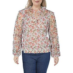 $65 INC Womens White Sheer Floral Long Sleeve V Neck Blouse Top White Size XL